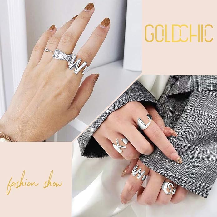 KeyStyle Bold Initial Letter Rings Adjustable, GoldChic Jewelry Women Gold Statement Ring Personalized Engraved Women’s Open Signet Ring for Party (Gold, White Gold, Black)
