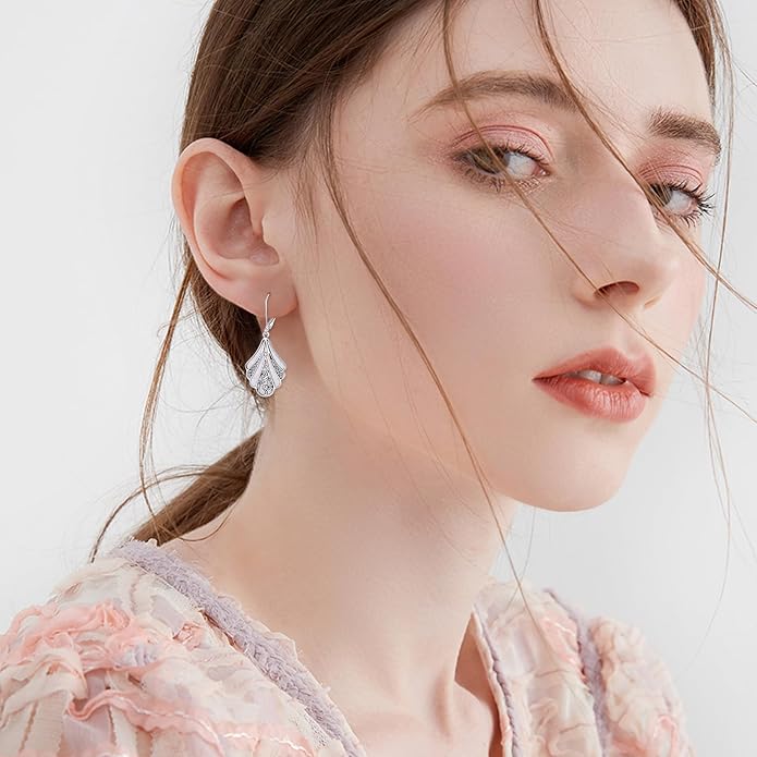 Abalone Shell Dangle Drop Earrings for Women 925 Sterling Silver Filigree Bohemian Earrings Jewelry Gift