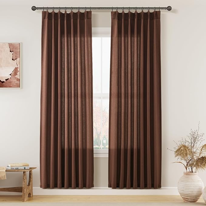 Aersas Rustic Brown Pinch Pleated Linen Curtains 72 Inch Length 2 Panels for Living Room Bedroom Semi Sheer Window Curtain Boho Neutral Back Tab Pinch Pleat Drape with Hooks 40x72