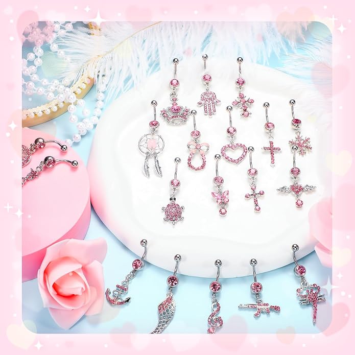 Junkin 20 Pcs 14G Dangle Belly Button Ring, Dangling 316L Surgical Navel Rings Cubic Zirconia Belly Piercing Jewelry