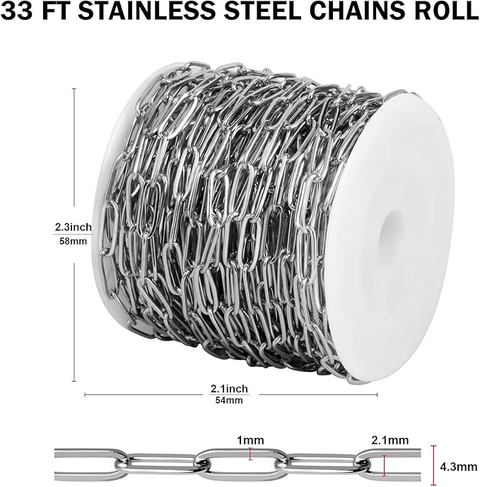 [33FT] Stainless Steel Paperclip Chains for Jewelry Making, 4.3mm Wide 304 Stainless Steel Paperclip Link Chain Roll Bulk for DIY Jewelry Making Craft