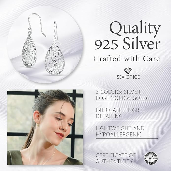 Sterling Silver Tear Drop Dangle Filigree Earrings for Women – boho and Chic Pear Shape Hook Earrings with Thin and Lightweight Hook