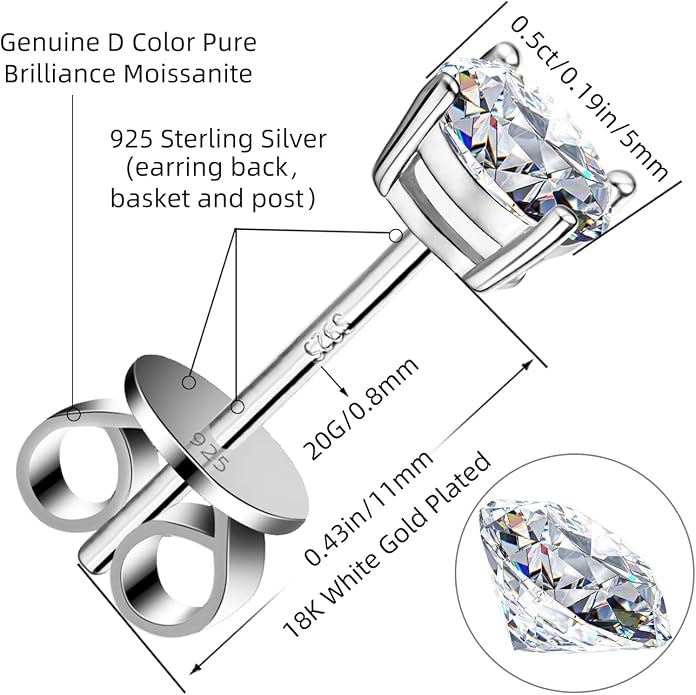 Moissanite Stud Earrings GRA 925 Sterling Silver Earrings for Men 18K White Gold Plating Earrings for Women,wedding earrings(0.3Ct-4Ct)