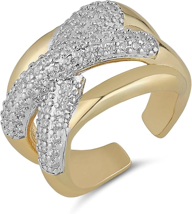 HZMAN 14K Gold Plated Brass Open Ring Collection for Women, Non-Adjustable Crystal Inlay Statement Rings, Wide Band Cocktail Jewelry Assorted Styles