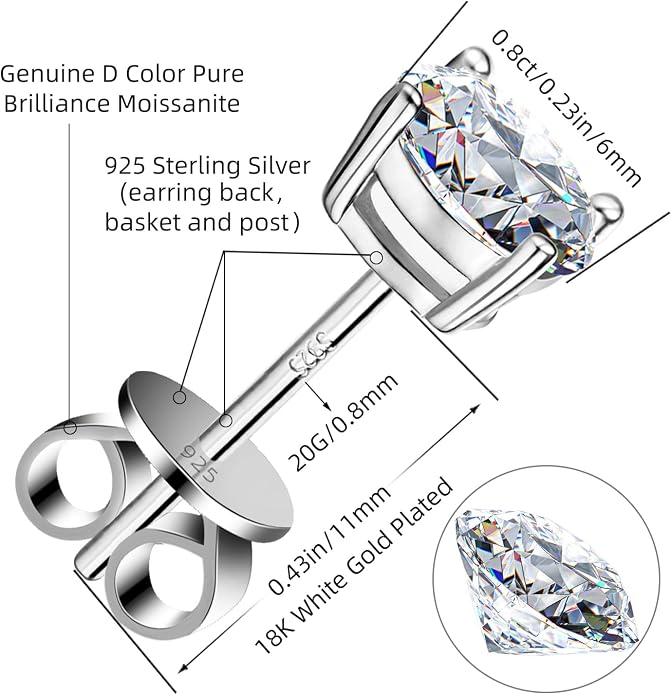 Moissanite Stud Earrings GRA 925 Sterling Silver Earrings for Men 18K White Gold Plating Earrings for Women,wedding earrings(0.3Ct-4Ct)