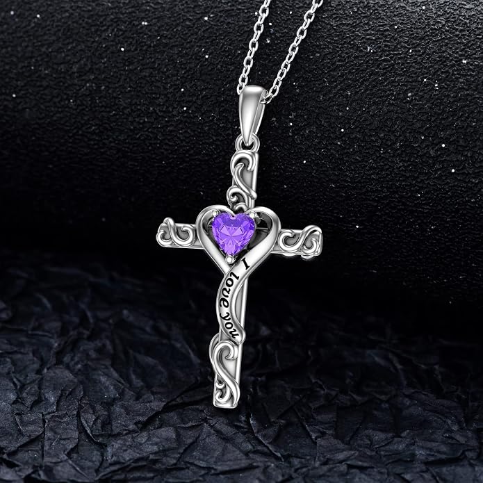 TOUPOP Cross Birthstone Necklace for Women 925 Sterling Silver Heart Cross Pendant I Love You Jewelry Anniversary Birthday Mothers Day Gifts for Mom Wife Her