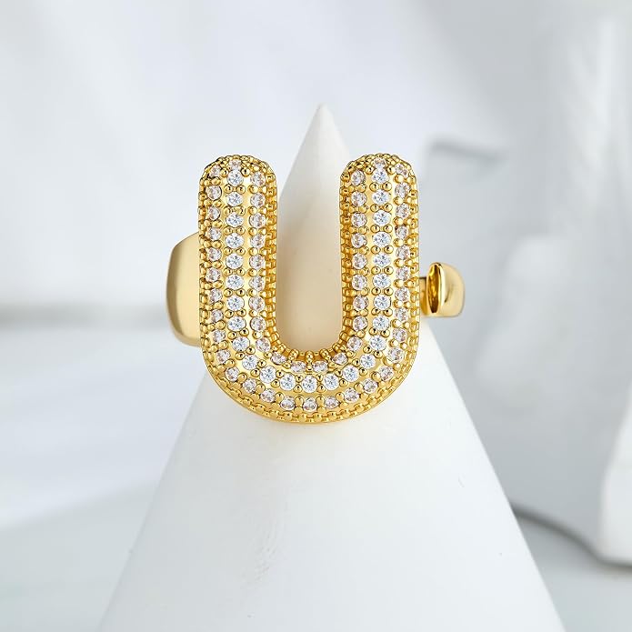Cicy Bell Initial Rings for Women 14k Gold Plated Cubic Zirconia Delicate Letter Chunky Statement Open Rings Gifts for Her