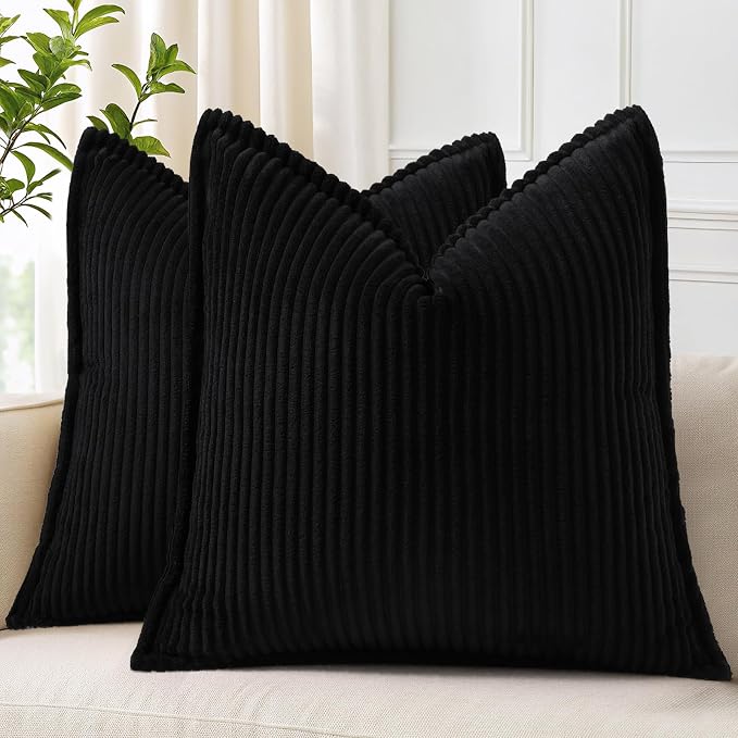 decorUhome Fall Corduroy Black Throw Pillow Covers 22x22 Set of 2 | Euro Sham Couch Decorative Soft Modern Boho Farmhouse Pillow Covers Broadside Striped Pillow Cases for Living Room Bed Sofa