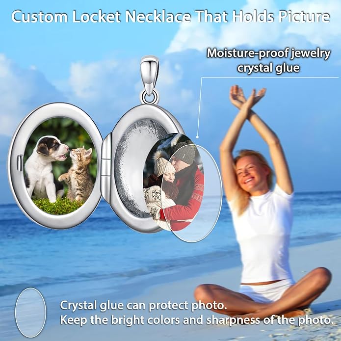 Round/Heart/Oval Shape Locket Necklace That Holds Pictures 925 Sterling Silver Personalized Birthstone Photos Engraved Locket Pendant Birthday Memorial Jewelry Gift for Women