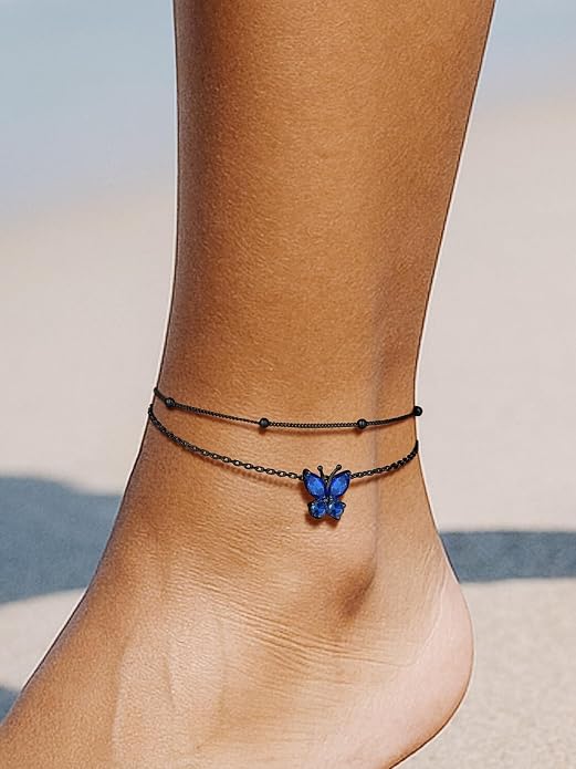 Richsteel Double Layer Heart/Butterfly Birthstone Anklet for Women Non Tarnish Waterproof, Silver/Gold/Black Stainless Steel 8.5-10.5 Inch Adjustable Chain Anklets Jewelry Gifts for Her