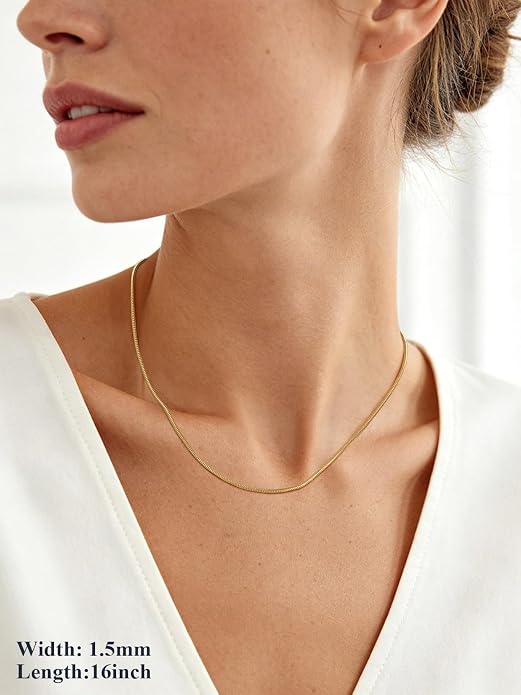 U7 Snake Necklace for Women 14K Gold Plated/Silver/Rose Gold/Black Chain Necklace Hypoallergenic, Stainless Steel Tiny Snake Chain Necklace 1/1.2/1.5/2MM, 14-30" Adjustable Minimalist Gift