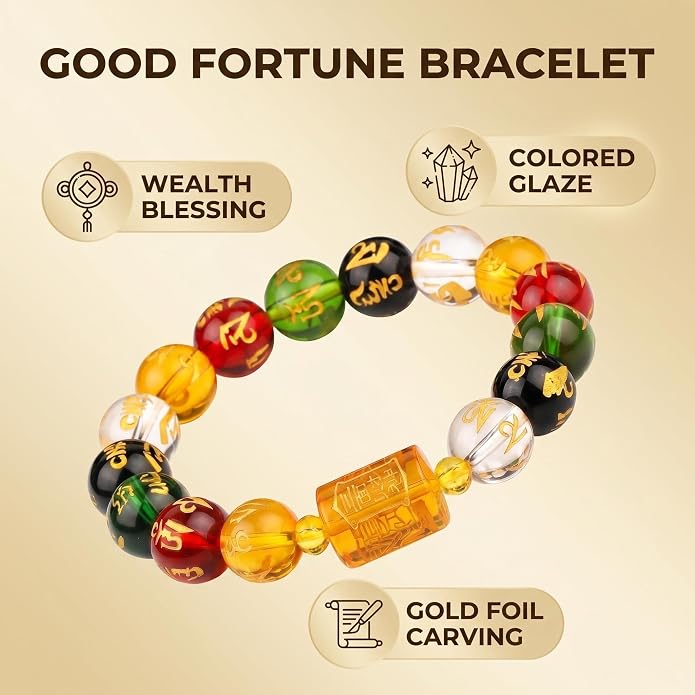 LINGYUAN Feng Shui Wealth and Luck Bracelet with Gold Foil Five Gods Amulet-Red Agate Cinnabar Gemstone Bracelet for Prosperity, Protection & Success, Lucky Charm Gift for Men & Women