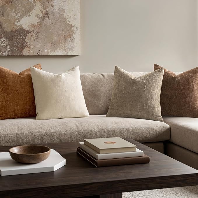 MIULEE Pack of 4 Fall Decorative Throw Pillow Covers 22x22 Inch Chenille Textured Throw Pillows Boho Farmhouse Cushion Covers Vintage Home Decor for Couch Sofa Bed Living Room，Beige Taupe Brown