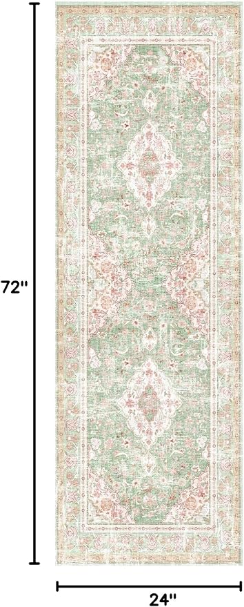 Vhong Washable Area Rugs Boho Vintage Modern Neutral Small Carpet Green and Pink High Traffic Rugs 2×6 for for Kitchen Hallway Living Room Non Slip
