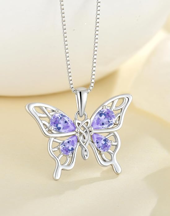 Butterfly Necklace 925 Sterling Silver Celtic Knot Pendant Teardrop Birthstone Twisted Jewelry for Women