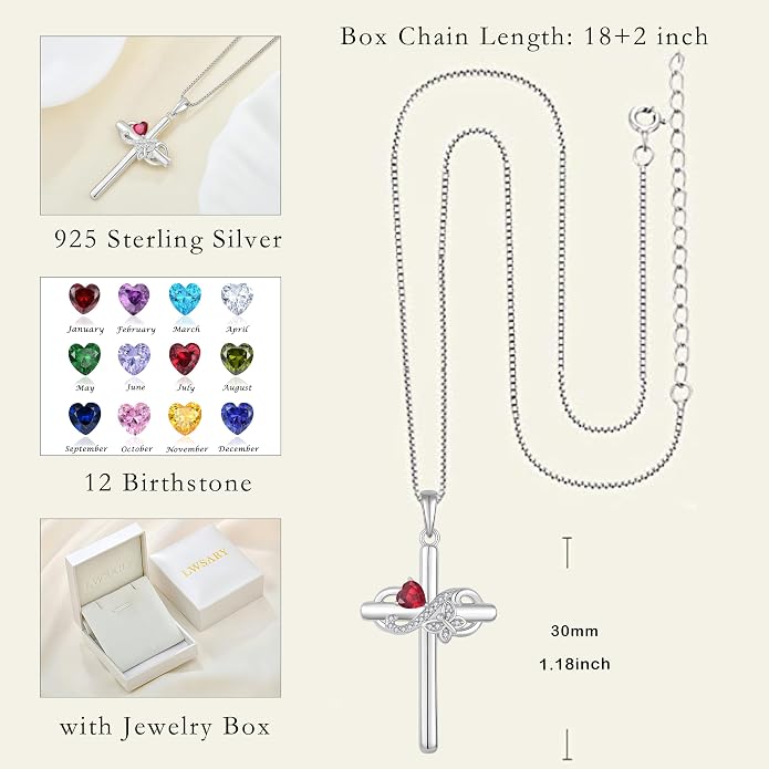 Infinity Butterfly Cross Necklace for Women 925 Sterling Silver Christian Religious Crucifix Pendant Birthstone Jewelry Gifts for Her