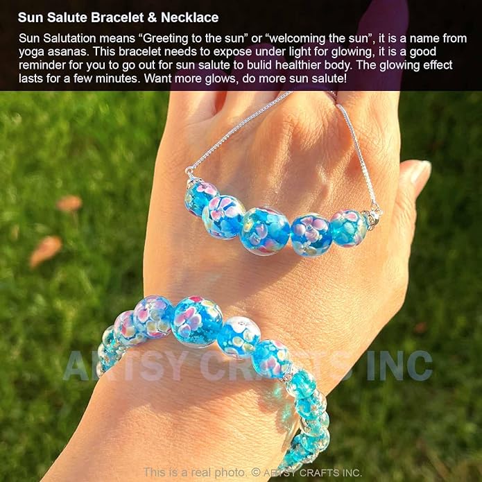 ARTSY Crafts Lily Garden Glow in the Dark Firefly Bead Bracelets Necklaces, Handmade in USA Murano Glass Jewelry, Flower Luminous Beads Mermaid Crystal Bracelet Bangle