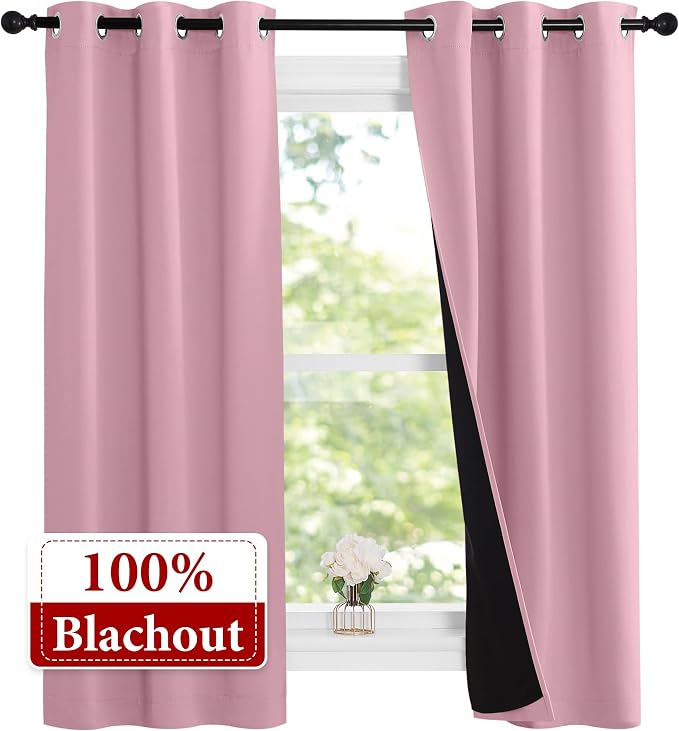 NICETOWN Crystal Pink Full Shade Curtain Panels, 37" Wide x 70" Long, Pair of Thermal Insulated & Energy Efficiency Blackout Curtains for Living Room Windows, Lined Silky Performance Window Dressing