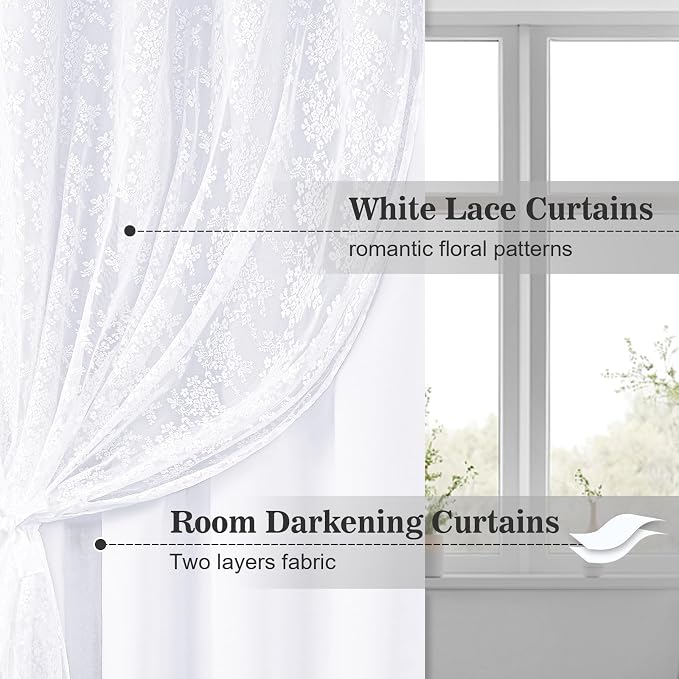 Yinhua Double Layer White Curtains for Living Room Blackout Curtains for Bedroom 63 Inch Length 2 Panels Set Kid Curtain with Tiebacks, Grommet Drapes with Floral Sheer Overlay, 52" W x 63" L