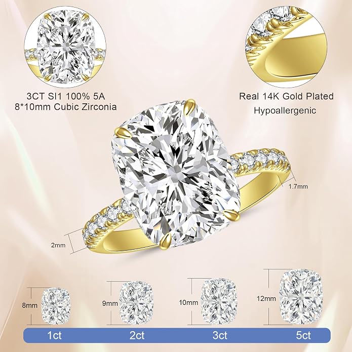 AVECON 3CT/5CT Elongated Cushion Cut Engagement Ring for Women, Wedding Promise Cubic Zirconia Band, White Gold Plated Bridal Half Eternity Rings with 4 Prong, Size 5-9