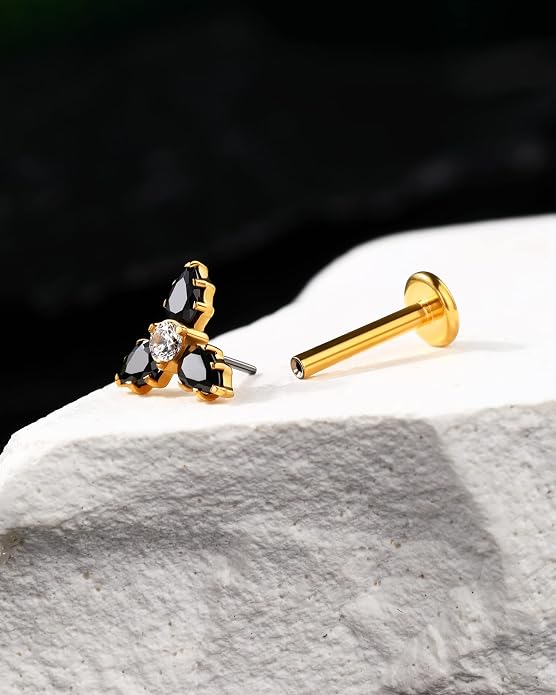 Cocharm G23 Titanium 16g Flat Back Helix Tragus Earring Stud - Gold Black Triple Floewr Threadless Cartilage Piercing Jewelry