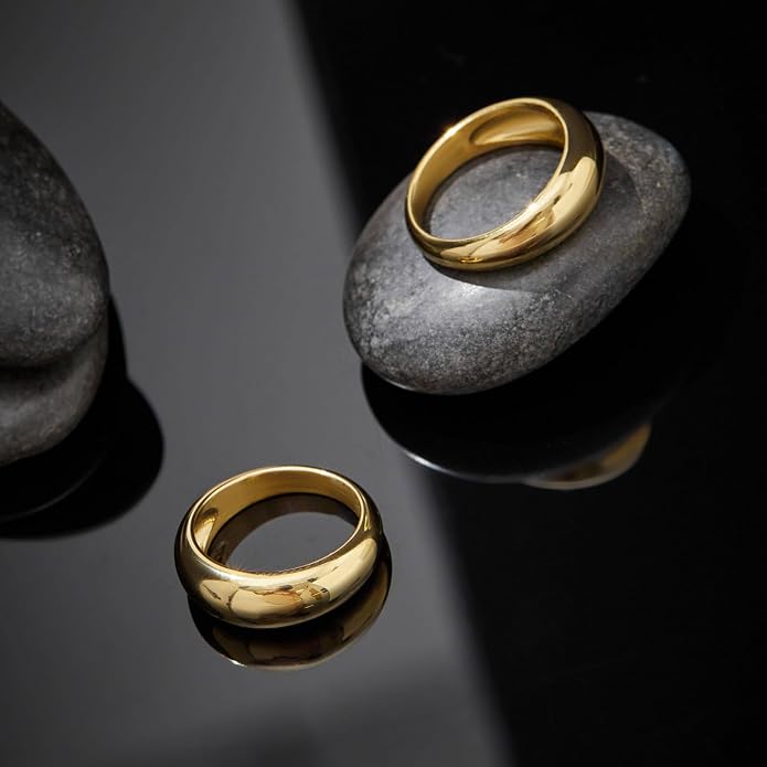 Non Tarnish Gold Chunky Rings for Women, 14K Gold Plated Statement Dome Rings Stacking Silver, Adjustable Mens Eternity Wedding Band Mixed Metal Jewelry Size 3-13