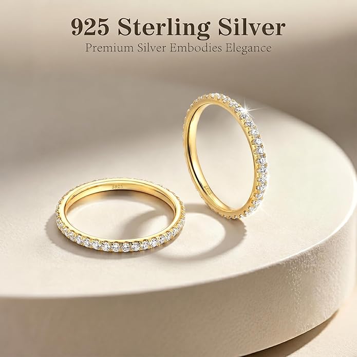 2mm 925 Sterling Silver Rings Gold Engagement Wedding Bands Eternity Cubic Zirconia Simulated Diamond 2pairs Stackable Ring for Women Size 5-10