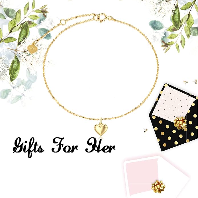 SISGEM Real 14k Gold Puff Heart Anklet for Women, Love Ankle Bracelet Foot Jewelry Gifts for Her, 9+1+1 Inch