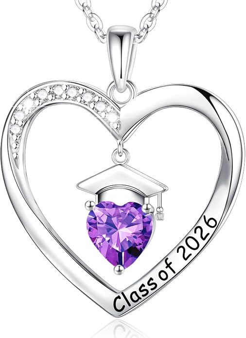 Anoup 2026 Graduation Gifts - 925 Sterling Silver Heart Birthstone Necklace Class of 2026 College High School Graduation Gifts for Women Her