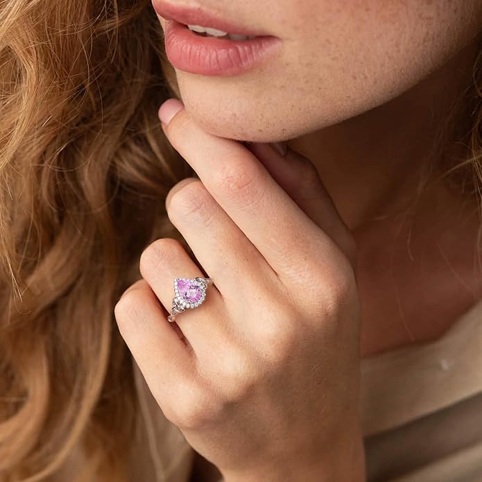 DAYBYDAY Celtic Birthstone Rings for Women 925 Sterling Silver Heart/Round/Pear/Oval Created Gemstone Moissanite Halo Engagement Promise Rings for Her Wife Birthday Anniversary Wedding Jewelry