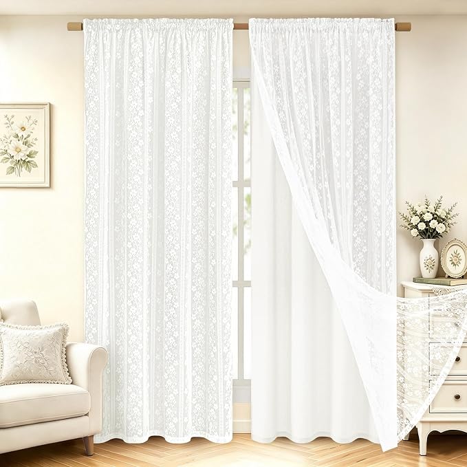 ASPMIZ Linen Curtains for Living Room Double Layer Curtains with Linen Lace, White Curtain for Bedroom Light Filtering, Rod Pocket Drapes 63 Inch Length 2 Panels Set with 2 Tiebacks, 52x63