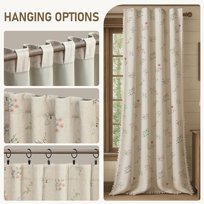 Boho Floral 100% Blackout Curtains for Bedroom 108 Inch Length 2 Panels Set, Linen Texture Farmhouse Curtains Beige Tassel for Living Room Vintage Thermal Insulated Room Darkening