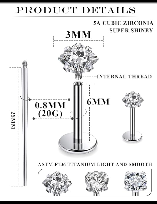 20G 18G 16G Astm F136 Titanium Internal Thread Flat Back Earrings Nose Studs Tragus Helix Conch Cartilage Lobe Earrings Medusa Labret Snake Bite Monroe Lip Ring Piercing Jewelry For Women Men