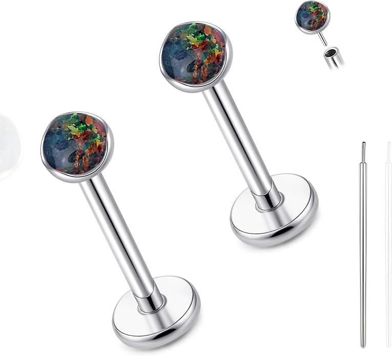 limerencia 18G Hypoallergenic Titanium Opal Threadless Nose Stud Earrings, 2PC Flat Back Push in Stud Earrings Labret Medusa Monroe Helix Cartilage Tragus Conch Piercing Jewelry for Women Men