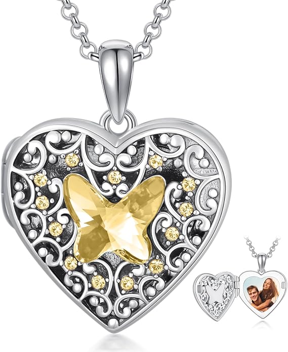 Dorunmo Personalized Locket Necklace 925 Sterling Silver that Holds Pictures Butterfly Birthstone Photo Heart Locket Custom Jewelry Congratulations New Beginnings New Job Gifts for Women