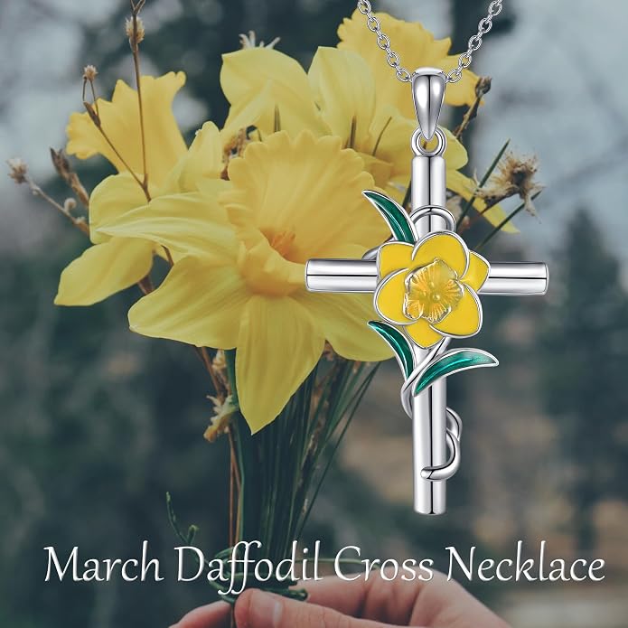 Flower Cross Necklace 925 Sterling Silver Carnation/Rose/Lily/Daisy Cross Necklace Birth Flower Jewelry for Women