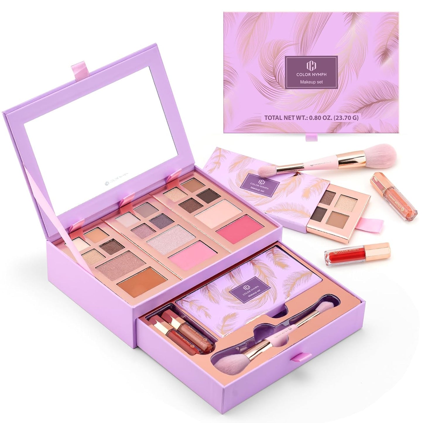 Color Nymph Small Makeup Palette Set for Face | Cosmetics Gift Set for Women & Girls | 12 Colors Eyeshadow, Blush, Highlighter, Contour Powder, Lip Gloss & Brush Kit | Travel-Friendly (Purple)