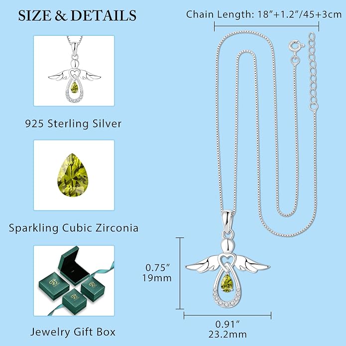 FJ Guardian Angel Necklace 925 Sterling Silver Birthstone Pendant Angel Jewelry Gifts for Women