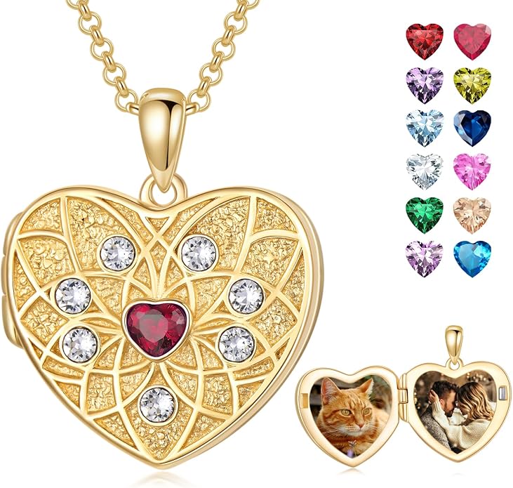 Round/Heart/Oval Shape Locket Necklace That Holds Pictures 925 Sterling Silver Personalized Birthstone Photos Engraved Locket Pendant Birthday Memorial Jewelry Gift for Women