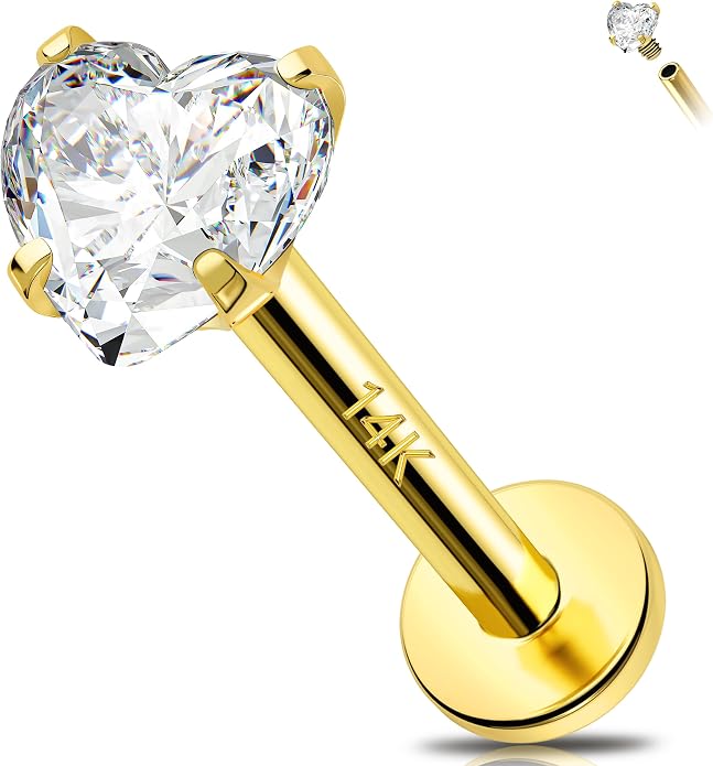 Melighting 14K Solid Gold Cartilage Earring - 16G Gold Heart Flat Back Earring - Star Helix Piercing Jewelry - Internally Threaded Curved CZ - 8mm