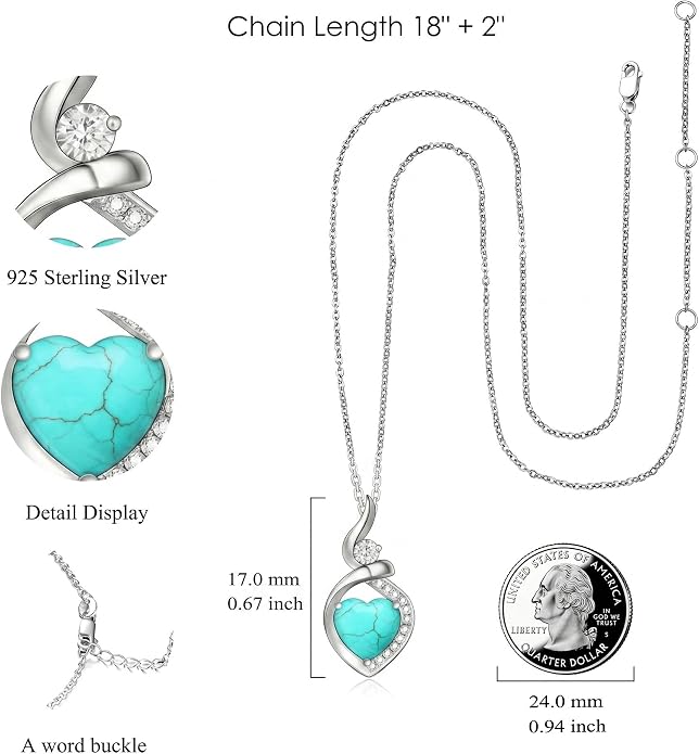 Heart Necklace 925 Sterling Silver Created Moonstone/Turquoise/Lapis Lazuli/Opal Heart Necklace Pendant Necklace Jewelry Gifts for Women