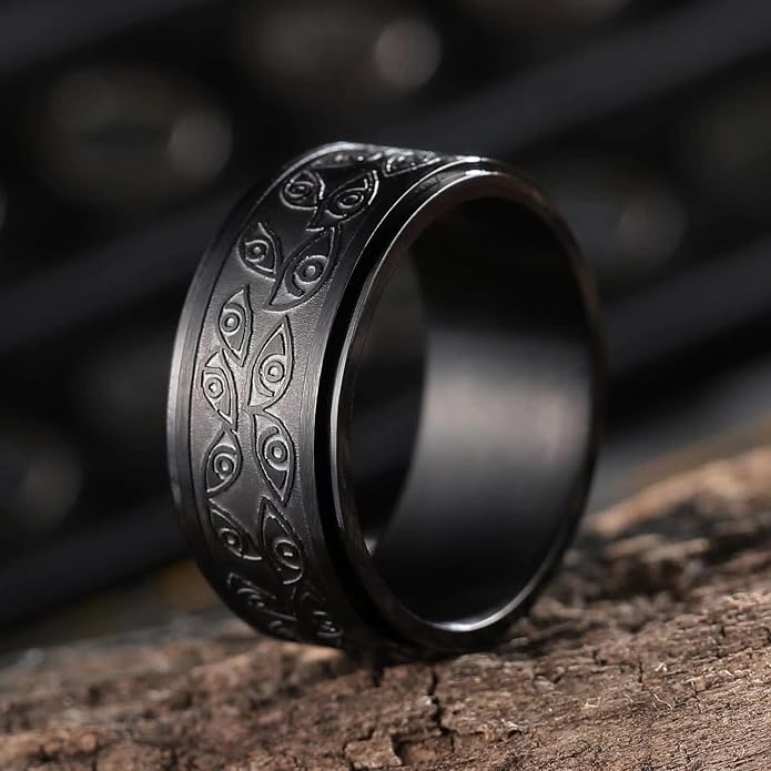 King Will 6mm 7mm 8mm Silver Black Stainless Steel Ring Spinner Ring Anxiety Relief Wedding Ring For Men Women Forest Elk Deer Family/Moon Star/Skull Head/Evil Eye/Poker Pattern Size 7-14