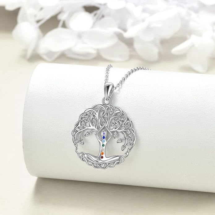 YAFEINI Chakra Necklace 925 Sterling Silver Angel/Tree of Life/Lotus/Dragonfly Neckalce Healing Crystal Pendant Neckalce Chakra Jewelry Gift for Women
