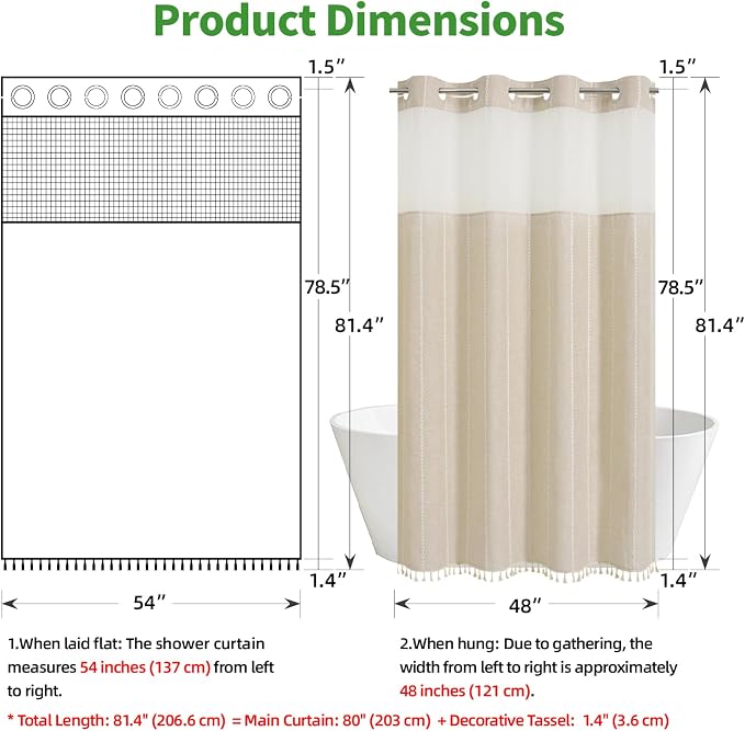 eachope No Hook Stall Shower Curtain with Snap-in Fabric Liner - 54x80 Heavy-Duty Linen Textured Striped Design,Narrow Rustic Modern Farmhouse Bohemian Bathroom Curtain,Water-Repellent,Cream/Beige