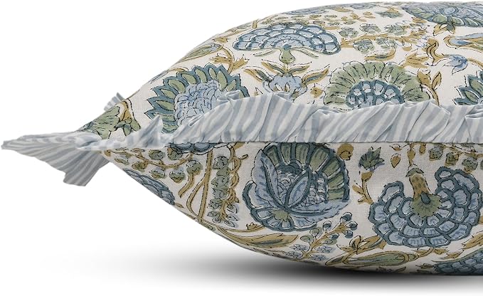 Ridhi Block Print Asparagus Green Throw Pillow Cover 20" x 20" (Pack of 2) Decorative Cushion Covers with Ruffle for Couch, Sofa, Bed, Living Room, Home Decor Gift for Spring, Easter, Valentine