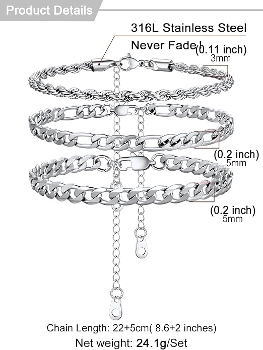U7 2Pcs/3Pcs Ankle Bracelets for Women, Stainless Steel Cuban Link/Figaro/Rope/Heart Chain Anklets Sets,Waterproof Layered Anklets Adjustable 8.5"-10.5"