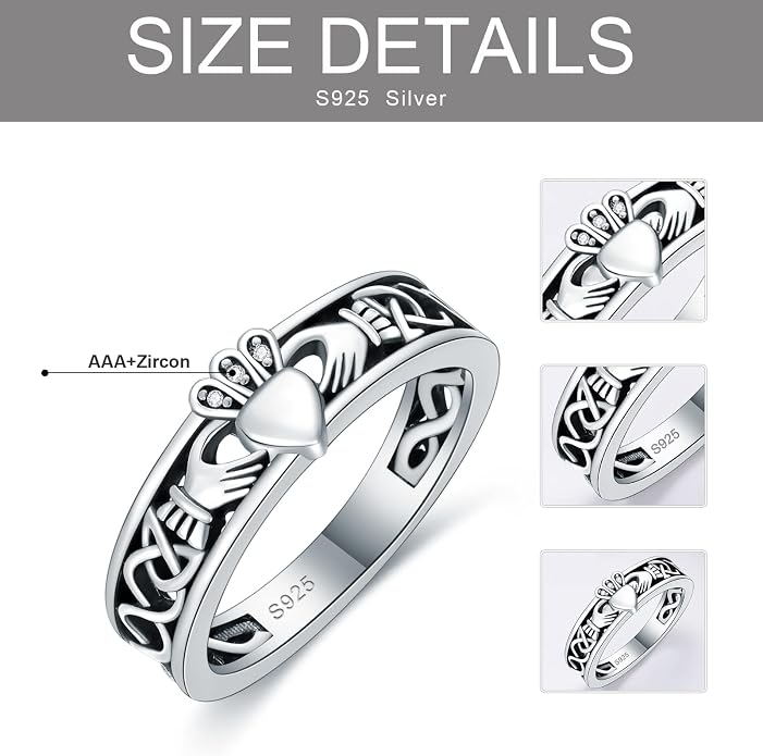 Claddagh Ring Celtic Knot Irish Couples Heart Personalized Memorial Band Poison Rings 925 Sterling Silver for Women Men