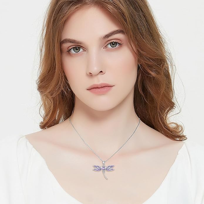 925 Sterling Silver Dragonfly Necklace for Women Purple Cubic Zirconia Dragonfly Pendant Ladies Jewelry Gifts