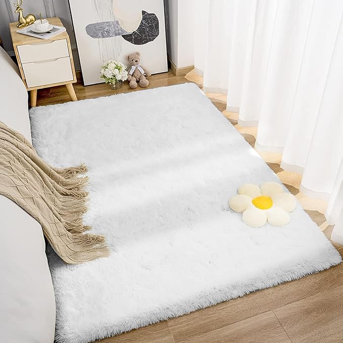 Topmaxcs Fluffy Area Rugs White for Bedroom: Fluffy Rug 4x6 Furry Area Rug for Bedroom- Ultra Soft Fuzzy Rugs- High Pile Fluffy Plush Rugs for Dorms (White, 4x6)