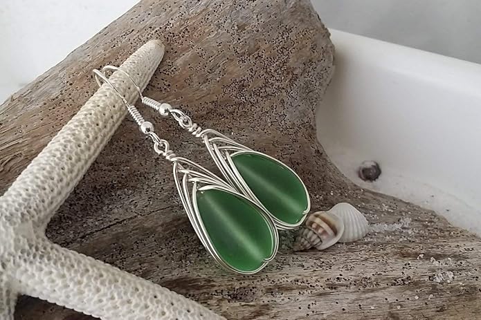 Handmade Sea Glass Earrings, Hawaiian Jewelry, Wire Braided Earrings Teardrop Earrings, Beach Jewelry Sea Glass Jewelry For Women Birthday Gift